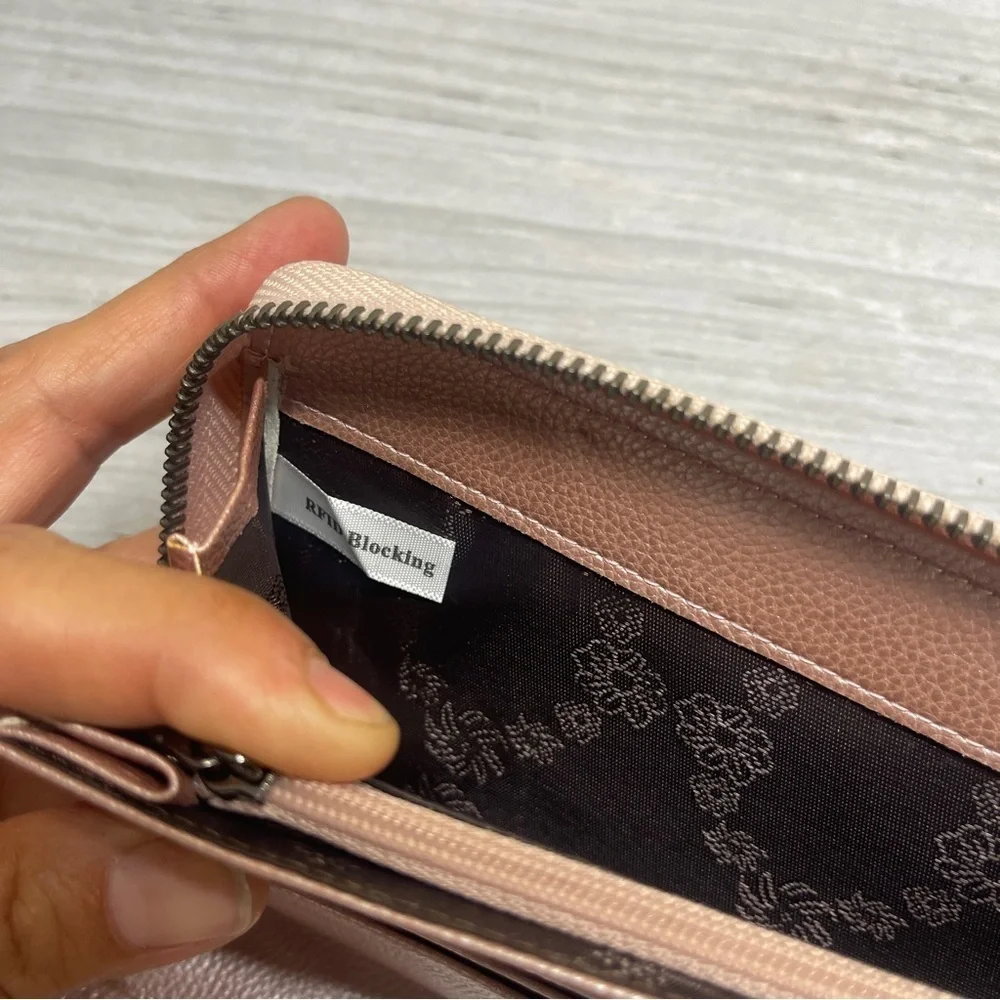 Bveyzi Pink RFID Blocking Leather Zip Around Large Wallet Phone Clutch Wristlet